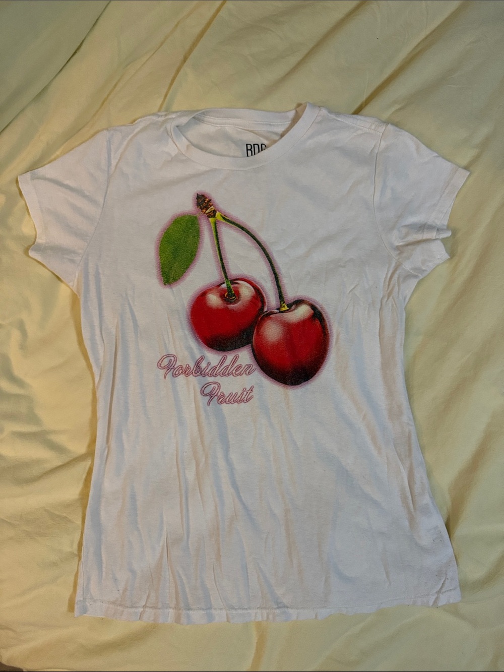 BDG White Tee with Red Cherry Artwork